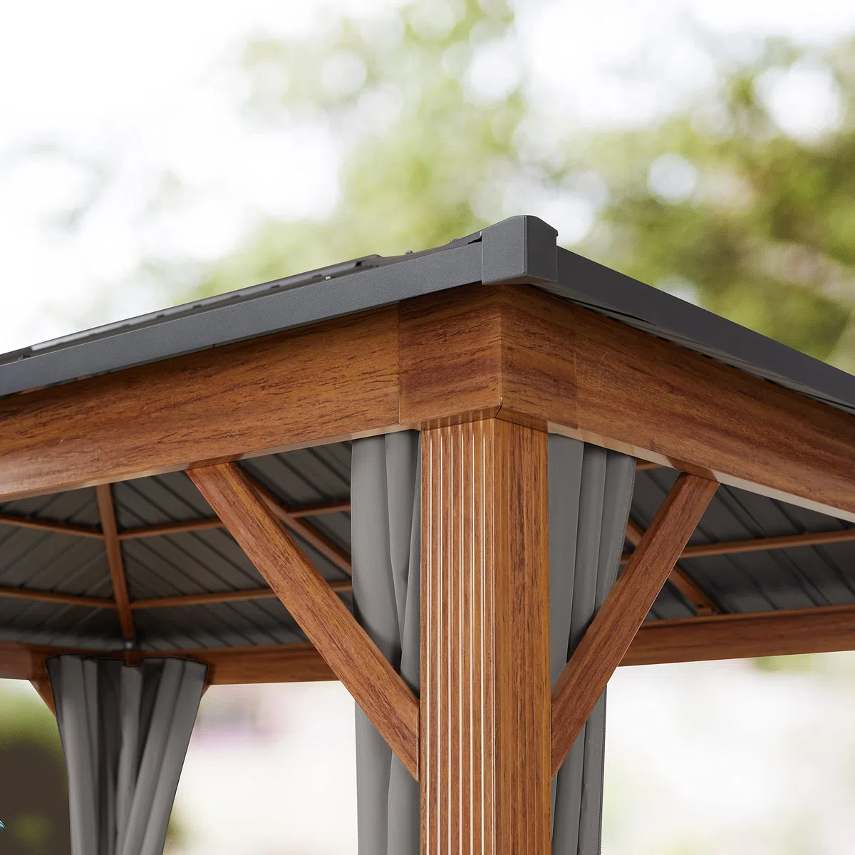 TOOLPORT Gartenpavillon 4x4 m Holzoptik, Stahldach Hardtop 4 Seitenteile in grau