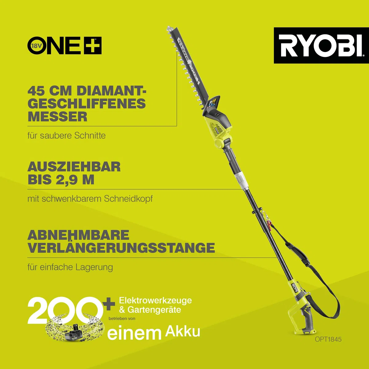 RYOBI 18 V ONE+ Akku-Teleskop-Heckenschere OPT1845, 45 cm Diamant-Messer