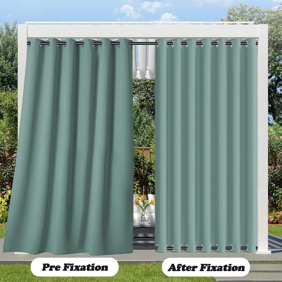Outdoor Vorhänge Wetterfest Sonnenschutz, Outdoor Vorhang mit Ösen Oben und Unten, Wasserdicht Outdoor Gardinen für Pavillon Terrasse Veranda | 1 Stück, Grün, B254xH259cm