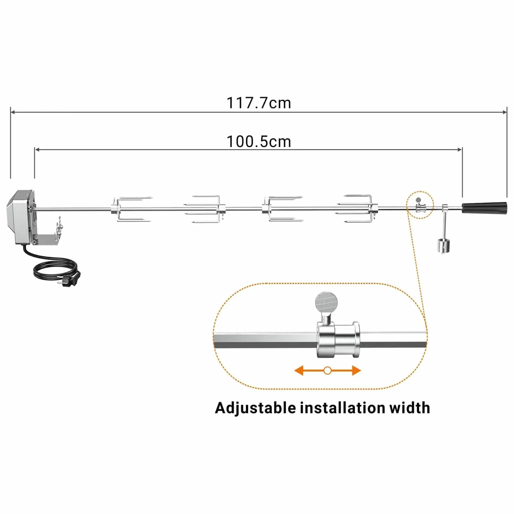 onlyfire BRK-6032 Universal Verchromter Grillspieß Set, 100 cm Rotisserie Drehspieß, 4X Fleischnadeln, Edelstahl Motor, 220V - 240V, Drehspiess