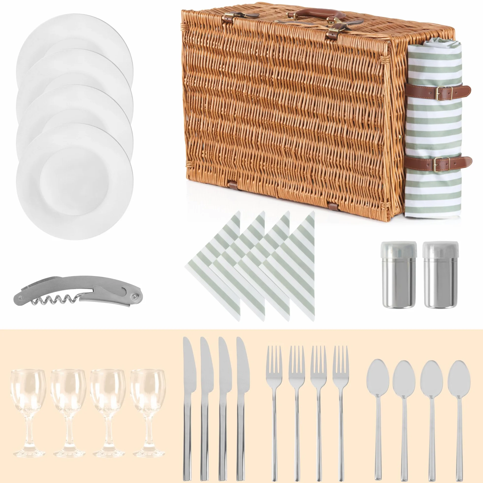 CampFeuer Picknickkorb 4 Personen mit Geschirr-Set und Kühlfach | 29-teilig | Picknickkoffer mit gestreiftem Innenmuster | Weidenkorb mit Kunstlederriemen | Picknicktasche, Picknick Set