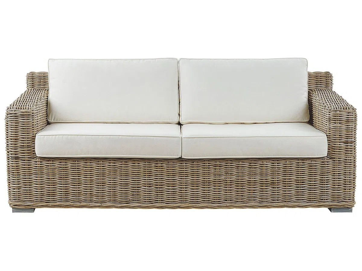 Beliani Klassisches Gartensofa Hellbraun mit Auflagen in Cremeweiß Rattan 2-Sitzer Ardea