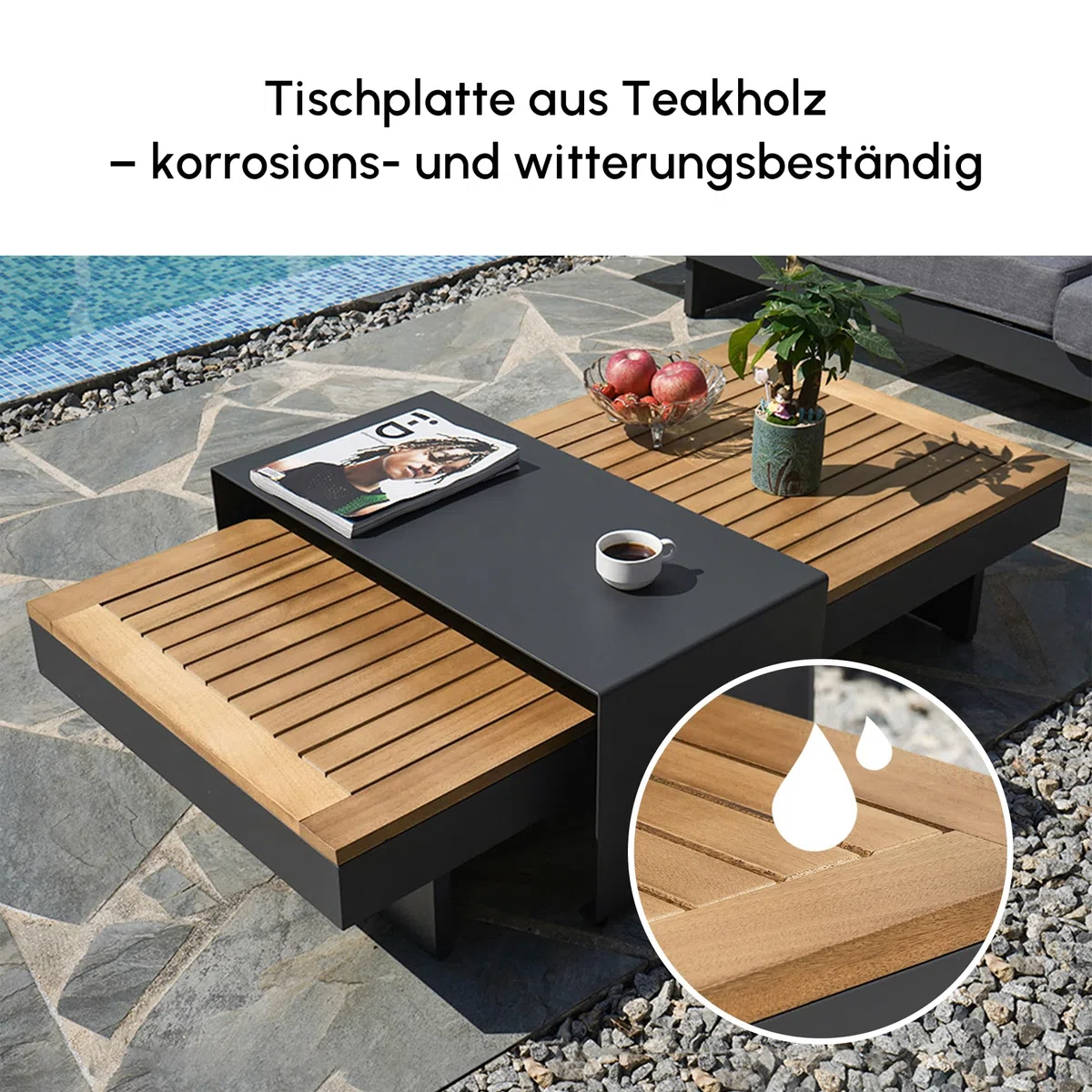 Homary 6-Sitzer Modulare Outdoor Lounge für Familie & Gäste, Garten Sofa Set für große Terrasse, Aluminium & Teak, 12 cm Komfort Polster, pflegeleicht