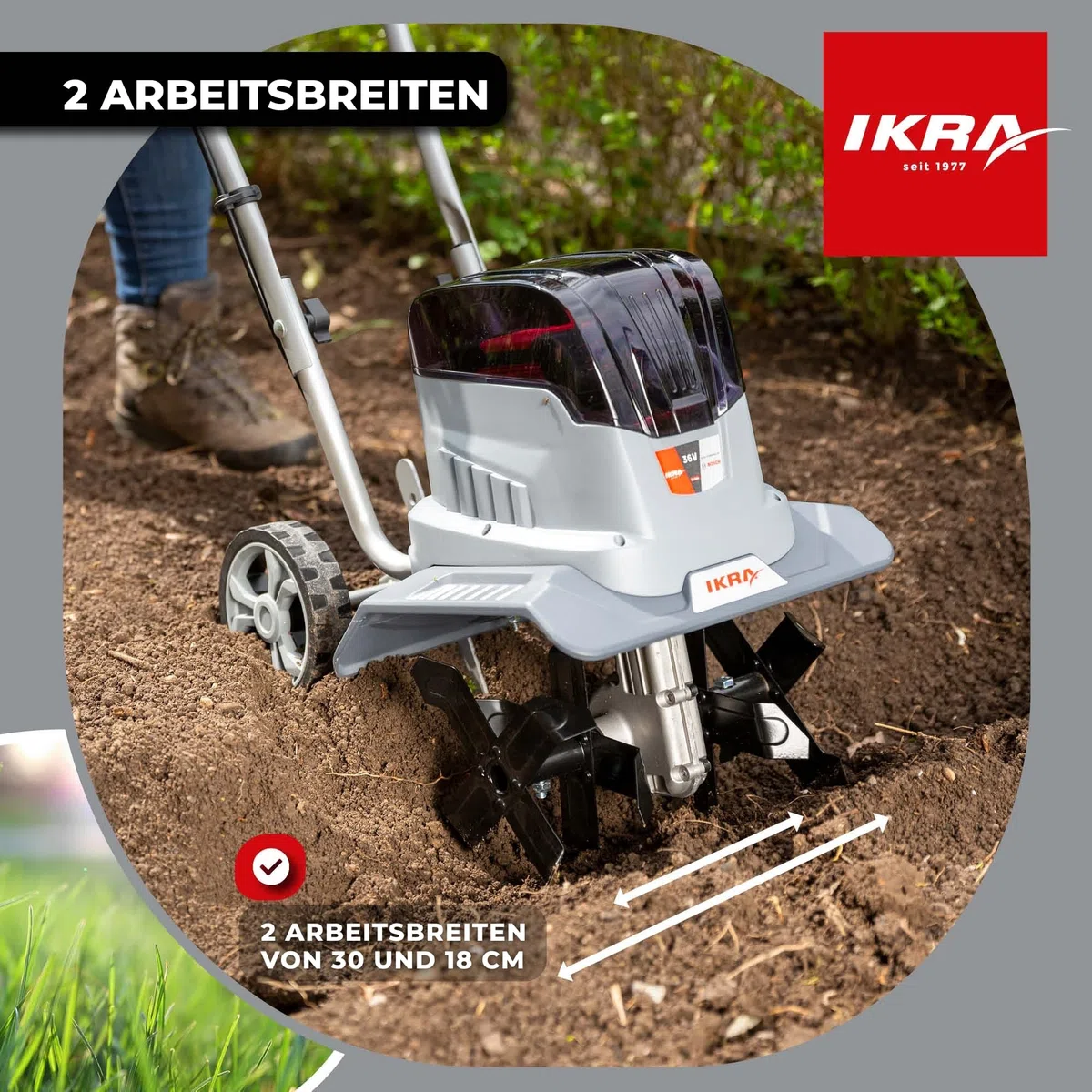 IKRA Bodenhacke Motorhacke IB-TC 36, ohne 36V Akku & Ladegerät | Kompatibel mit Bosch, bürstenloser Motor, 2 Arbeitsbreiten 18-30 cm, Arbeitstiefe bis 20cm, inkl. Bremssporn & Transporträder