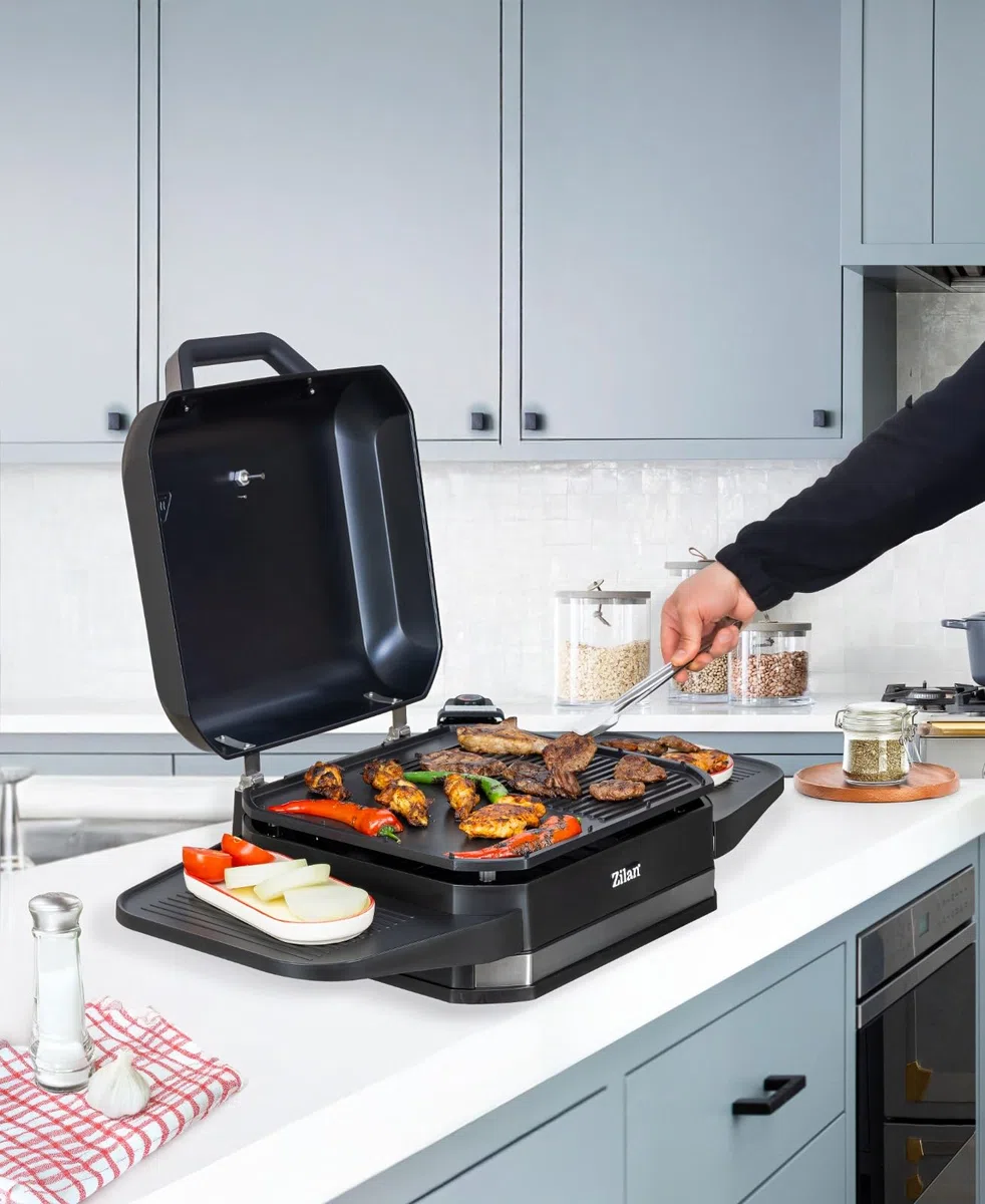 2in1 Elektrogrill Standgrill Tischgrill elektrisch 3.050 Watt - Elektro Grill für Balkon, Draußen mit Standfuß große Grillfäche Stufenloser Temperaturregler elektrischer BBQ Grill