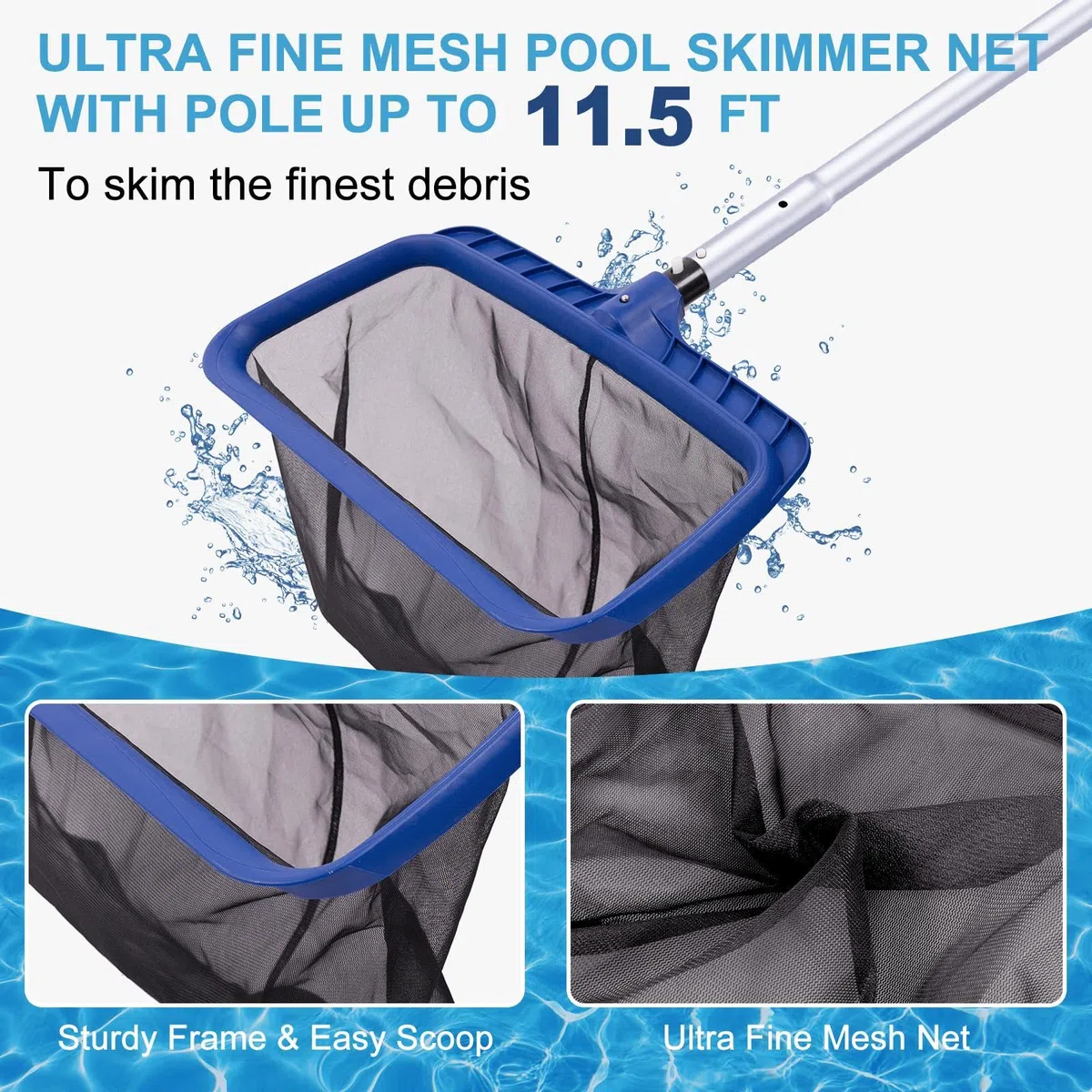 POOLAZA Pool-Reinigungsset, inklusive Poolbürste und ultrafeinmaschigem Pool-Skimmernetz mit Stange, Poolkescher und 44 cm Poolbürstenkopf mit 3,2 m Aluminium-Poolstange, Poolkescher und Bürste mit