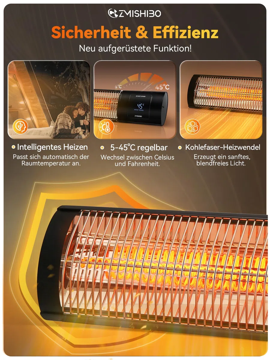 ZMISHIBO Infrarot Heizstrahler 2000W, 4 Heizstufen, IP65 für innen & außen, Wand- & Deckenmontage, mit APP, LED-Display, Fenster-Offen-Erkennung & Kindersicherung