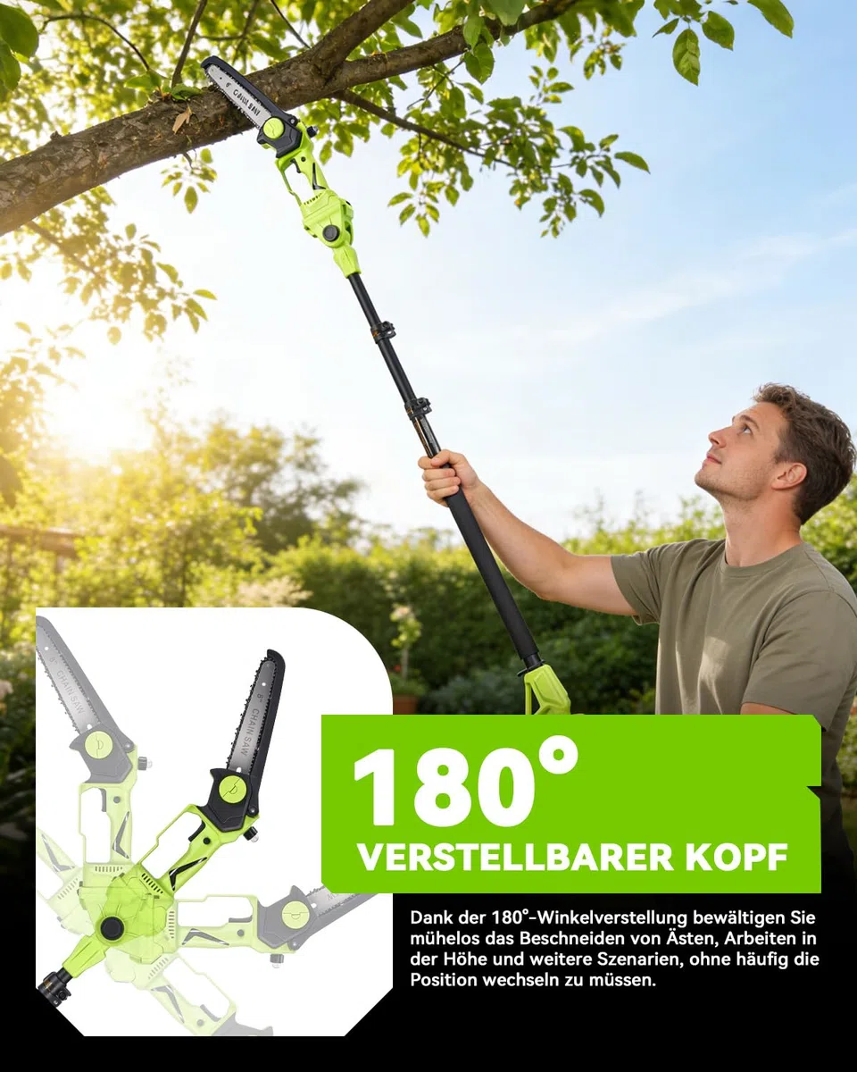 2-in-1 Akku Hochentaster 8-Zoll Bürstenlose Mini-Kettensäge mit Teleskopstange 2 x 3000mAh Akkus