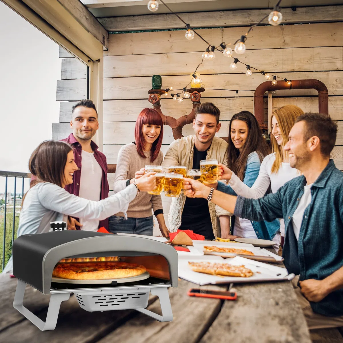 Q Pizza Gas Pizzaofen mit Drehfunktion, 50 mbar Outdoor Gas Pizza Ofen mit 33cm Pizzastein, Tragbarer für Garten Terrasse und Balkon, Schwarz