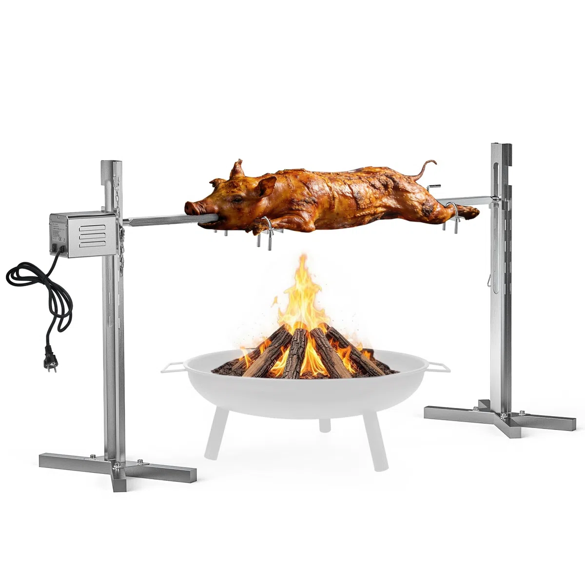 onlyfire Spanferkelgrill mit Motor, Edelstahl Spießbratengrill, 5-stufige Höhenverstellung Spießgrill, Elektrischer Grillspieß Set mit Drehspieß für Schwein, Lamm, Huhn & Grillfleisch, 60KG Traglast