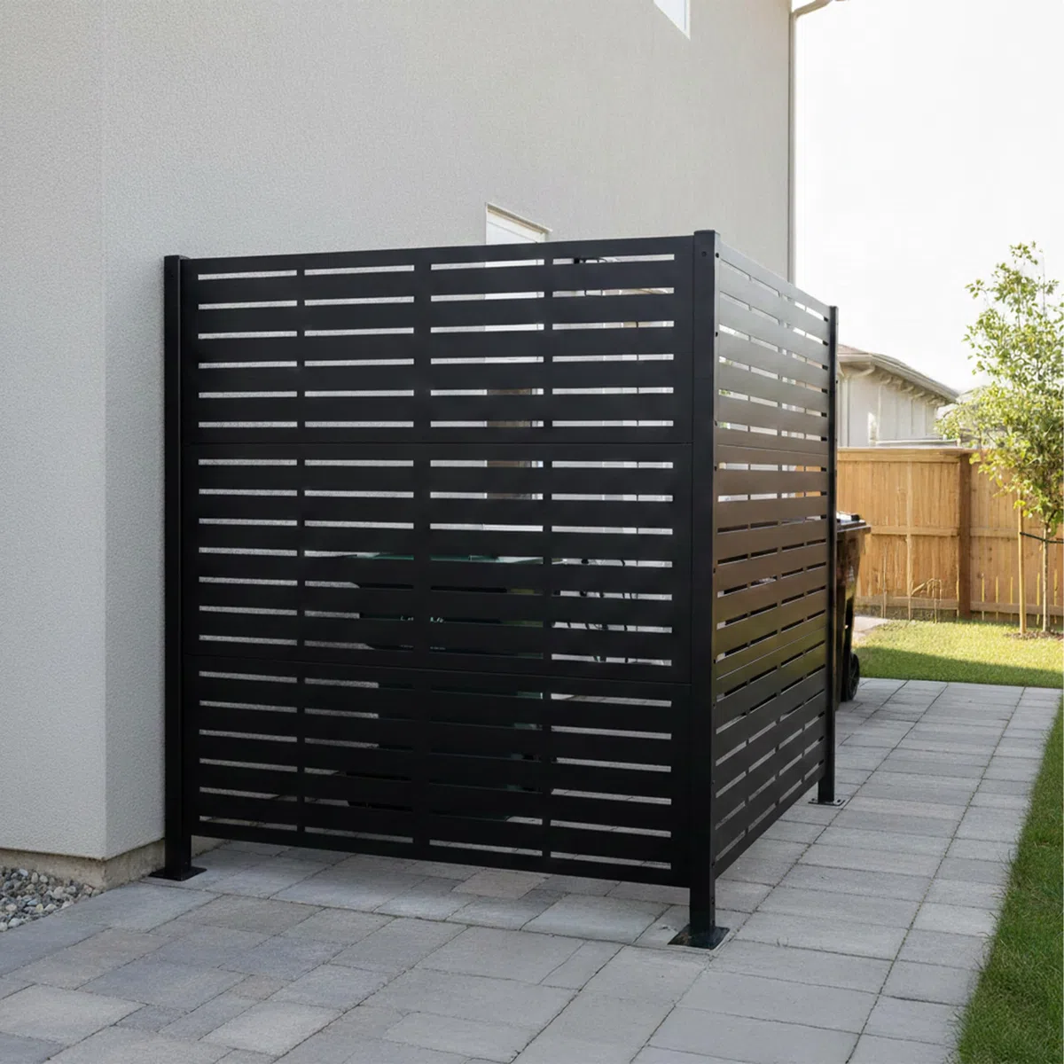 Relaxdays Mülltonnenverkleidung, Line, 2 Paneele je HxB 120 x 120 cm, modularer Sichtschutz, Mülltonnenzaun, schwarz