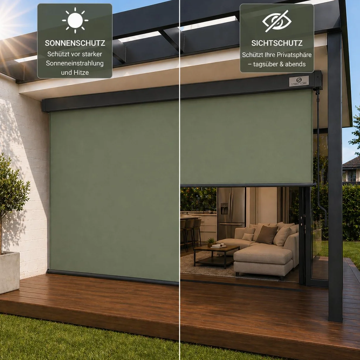 Ausziehbare Senkrechtmarkise Vertikalmarkise 160 x 250 cm - Markise mit Kurbel für Terrasse und Balkon Schutz vor Sonne Wind - Beschattung Sichtschutz Windschutz Wasserdicht - Matcha Grün