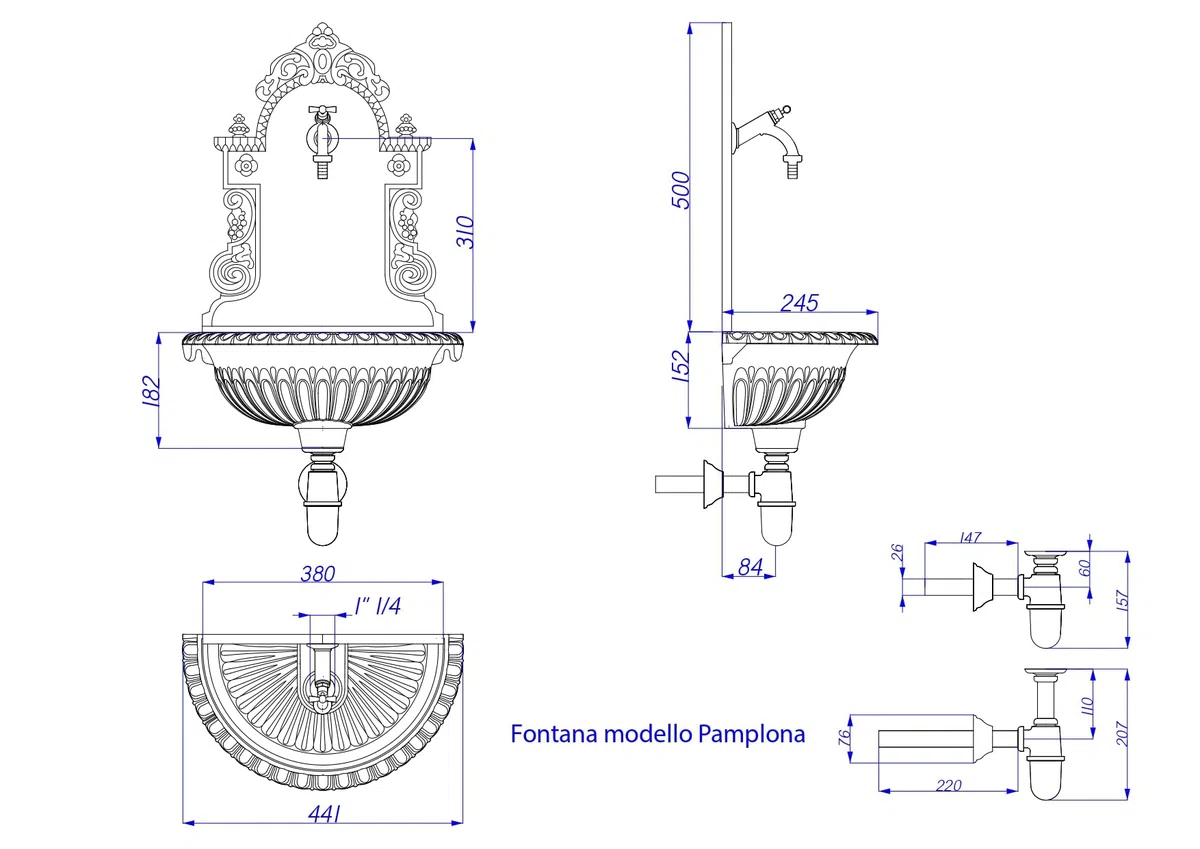 Fonderia Bongiovanni | Gartenbrunnen | Wandbrunnen | Modell Pamplona | mit Wasserhahn | Siphon aus Messing für Haus Garten | Brunnen für den Außenbereich | Verchromt
