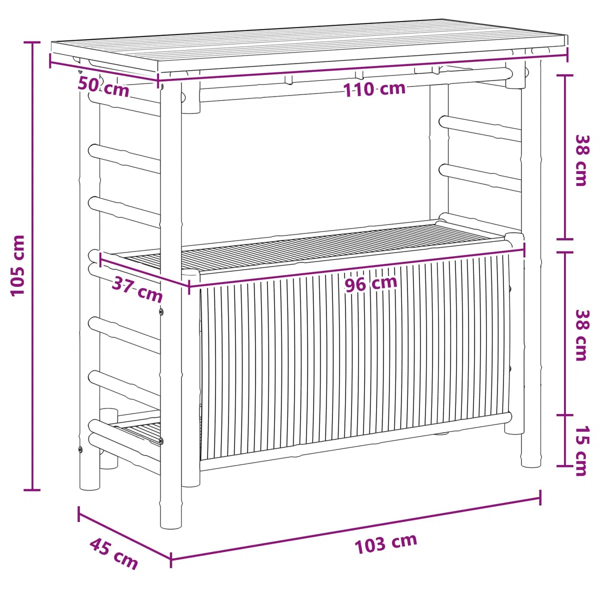 vidaXL Outdoor Bartisch mit Speicher Natur 110 x 50 x 105 cm Bambus, Stylischer Bar-Tisch, robust für Sommerpartys, Gartenfest, umweltfreundliches Design, minimalistisch und chic