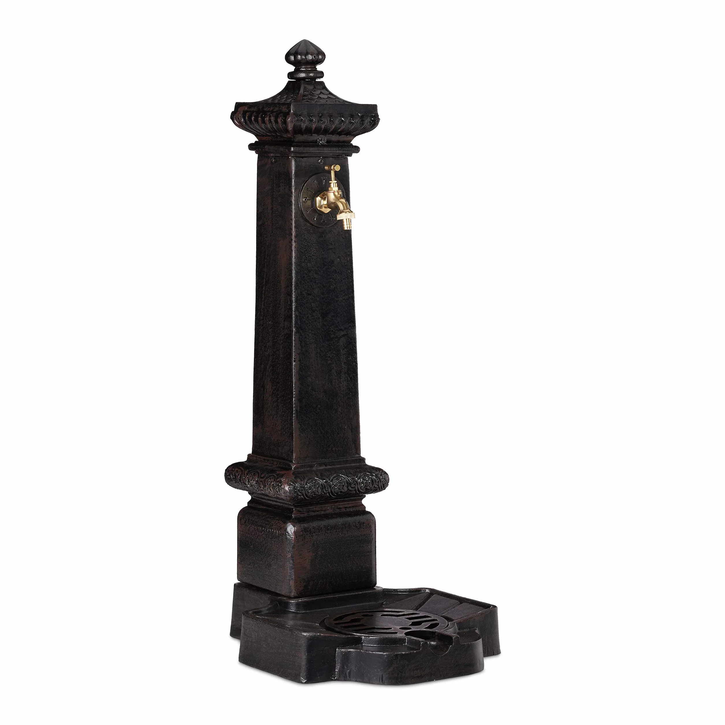 Relaxdays Standbrunnen XXL, Wasserzapfstelle in Antik-Stil, Säule mit Wasserhahn & Becken, 100 x 38 x 47 cm, dunkelbraun, Braun / Bronze / Kupfer