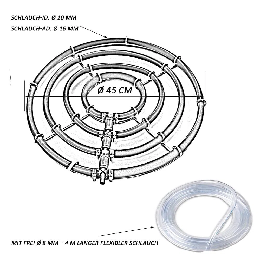 Teich-Luftverteiler, Edelstahl, beschwerter Hydrokultur-Belüfter, KoiPond Tri-Ring, verbessert die Gesundheit von Fischen und Pflanzen (4 Schlaufen/Ø 45 cm)