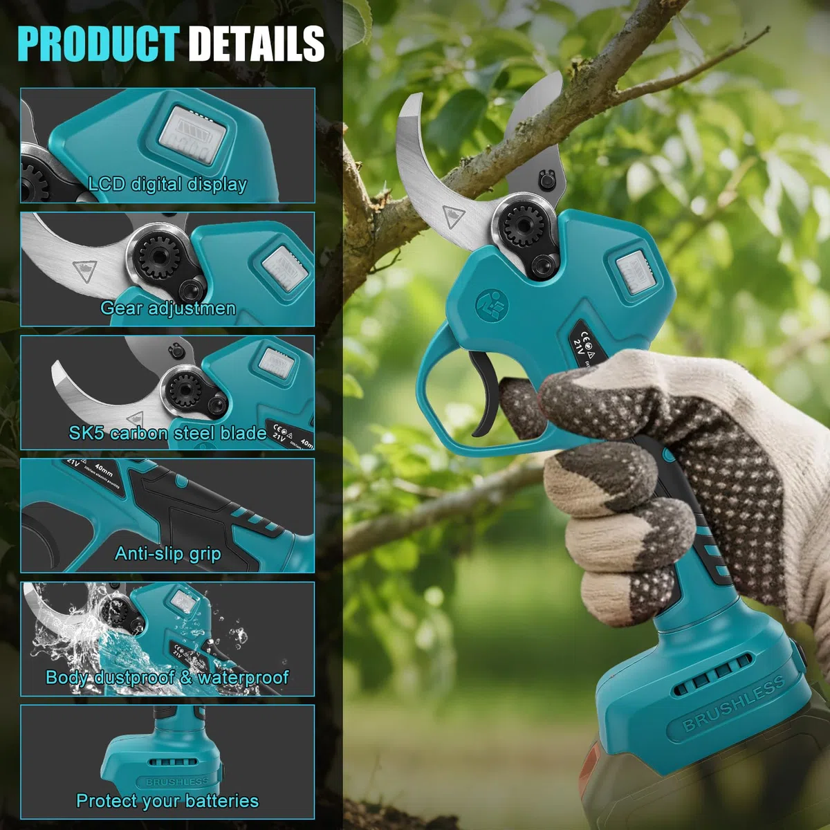 Akku Astschere für Makita 18V Akku (Ohne akku), 40mm Schnittkraft, 65mm Max Öffnung, Bürstenloser Motor, Elektrische Astsäge Gartenschere mit LCD-Display, zum Beschneiden von Bäumen Obstbäumen
