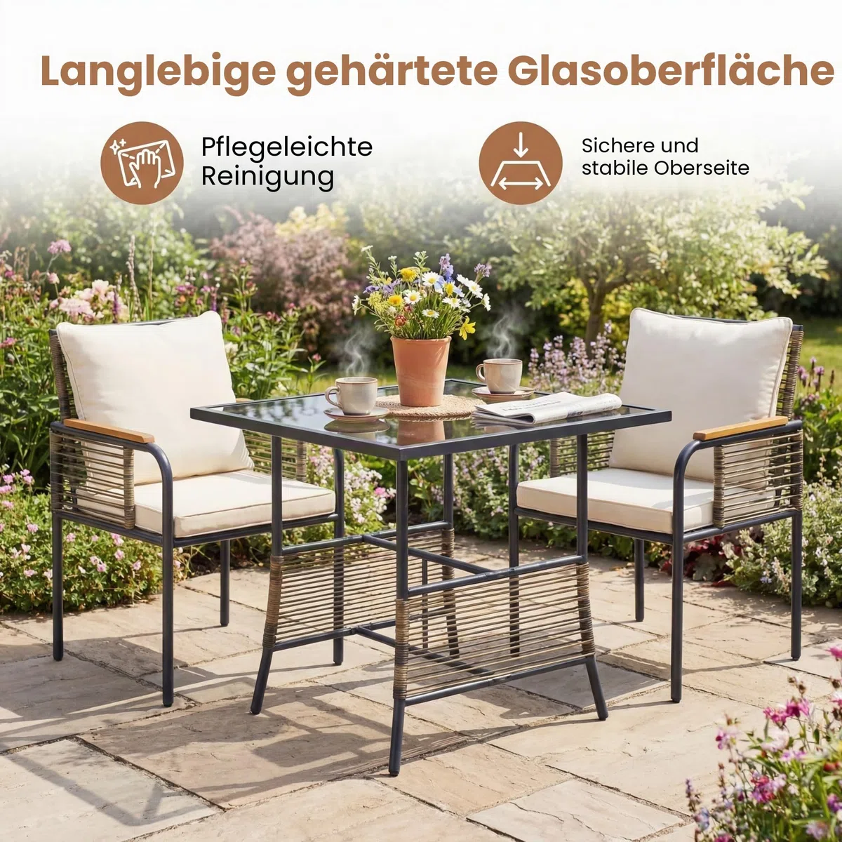 LIFEZEAL 3-TLG. Gartenmöbel Set, 3-teiliges Balkonmöbel-Set Rattan, Esstisch mit 2 Stühlen inkl. Sitzkissen, Terrassenmöbel Sitzgruppe für Balkon, Veranda, Garten, Hof (Beige)