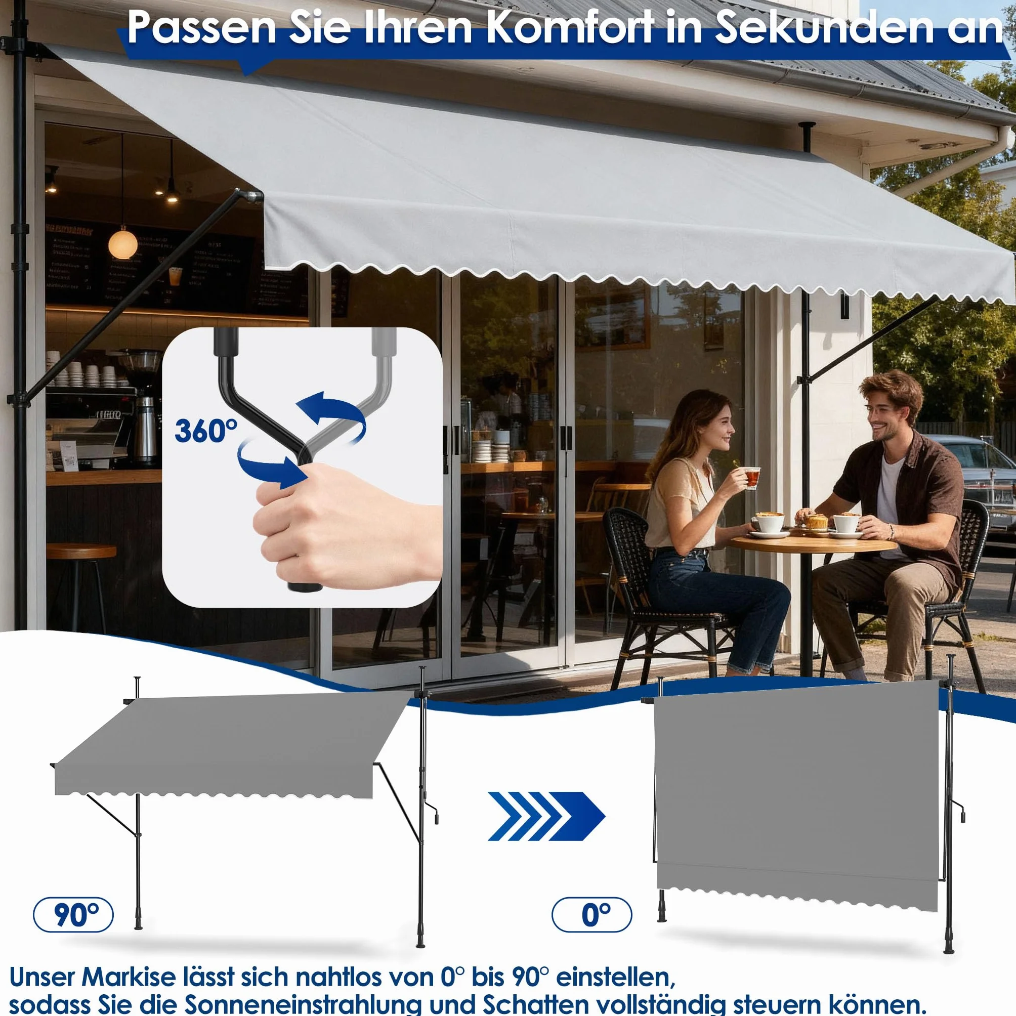 Klemmmarkise, Markise Sonnenschutz Balkon Ohne Bohren, Balkonmarkise Höhenverstellbar UV-beständig, Wasserabweisend mit Handkurbel (300cm Breit, Hellgrau)