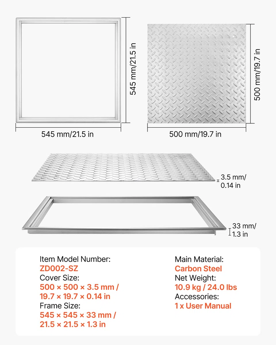 VEVOR Schachtabdeckung mit Rahmen 50 x 50 cm, Quadratischer Schachtdeckel Klärgrubendeckel, Hochbelastbarer Rutschfester Gullydeckel aus Kohlenstoffstahl für Abflussrinne, für Gehwege Gärten Höfe