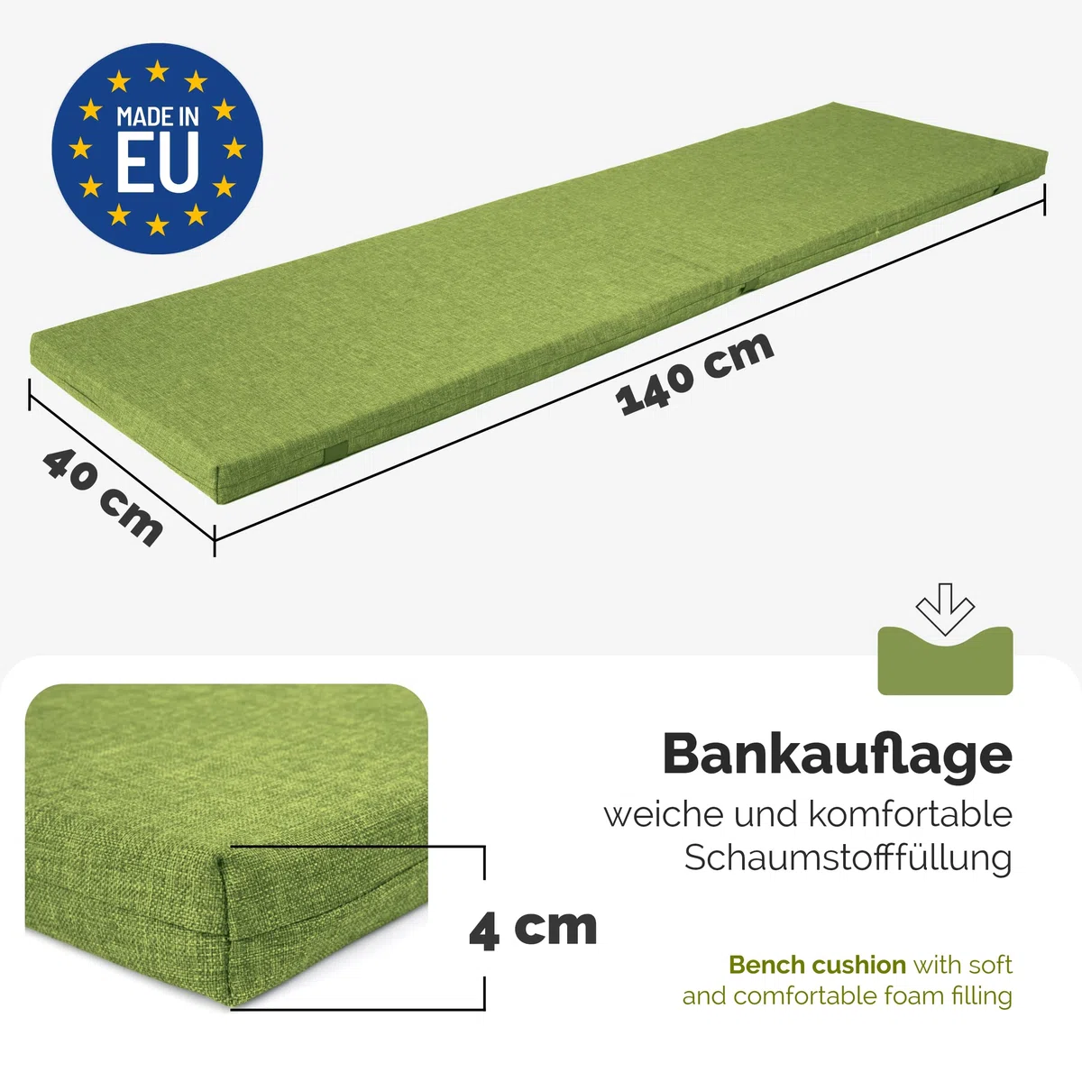 Garronda Bankauflage wasserabweisend 140x40 cm ca. 4 cm dick Sitzkissen Outdoor für Gartenbank und Hollywoodschaukel Polster Auflage für Sitzbank UV-beständig mit Bändern GD-0220 Grün