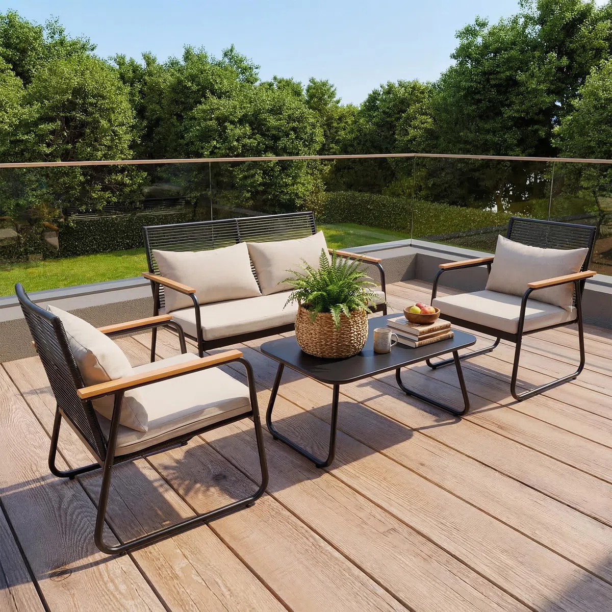 Polyrattan Gartenmöbel Set 3-4 Personen, Gartensofa Set mit Tisch & Kissen, Wetterfest & UV-beständig, Balkonmöbel Sitzgruppe für Terrasse & Garten