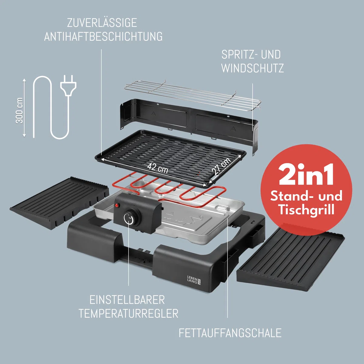 LEBENLANG 2in1 Elektrogrill Tischgrill elektrisch - Inkl. Standfuß & Grillzange I Elektro Grill für Draußen & Drinnen Balkon Tisch 2000W I Electric Grills Elektrische Tischgrills BBQ Balkongrill