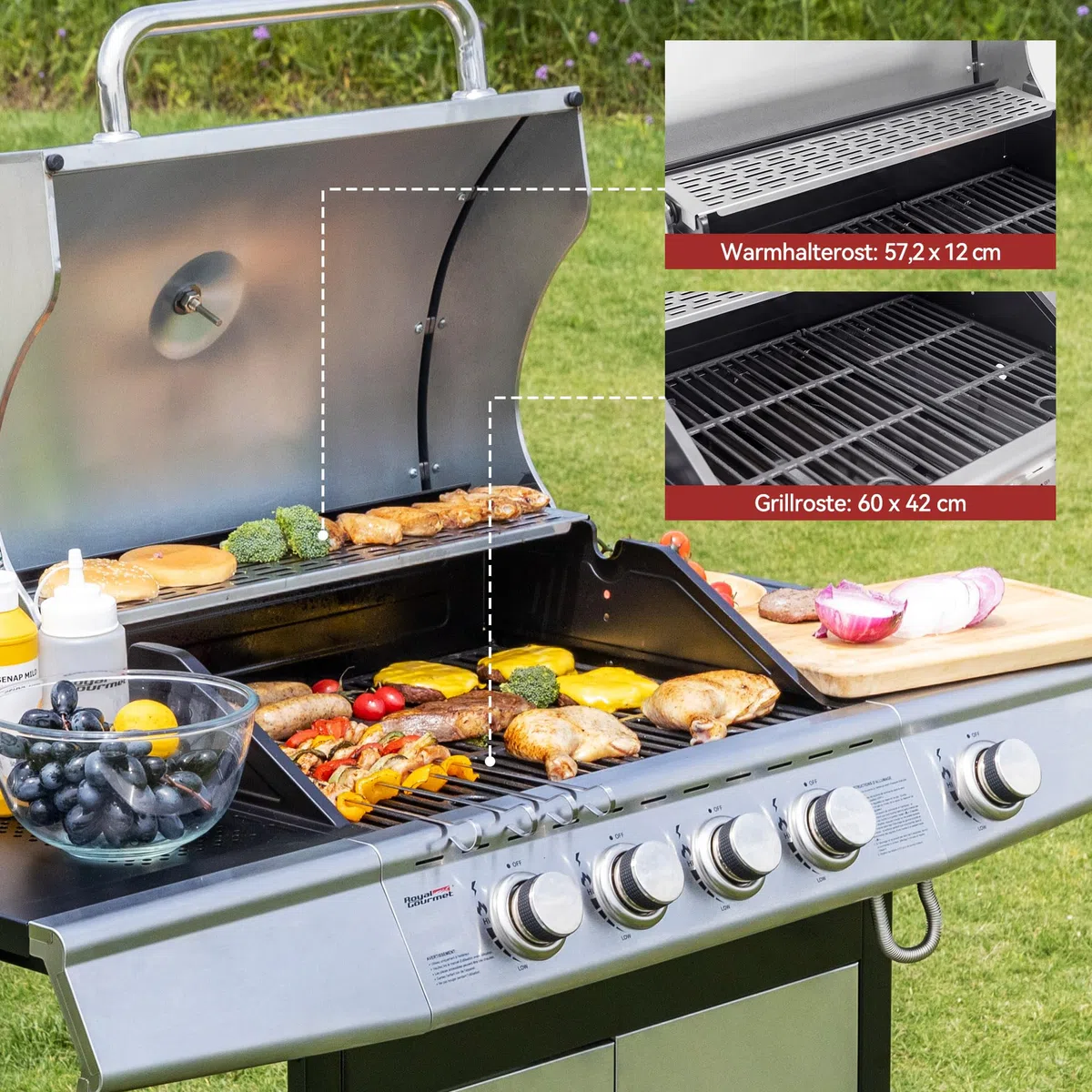Royal Gourmet 4+1 Brenner Gasgrill Grillwagen mit automatischer Zündung,integriertem Thermometer und Unterschrank Edelstahl Brenner mit 14,5 kW Camping Gasgrill für Outdoor Barbecue Silber