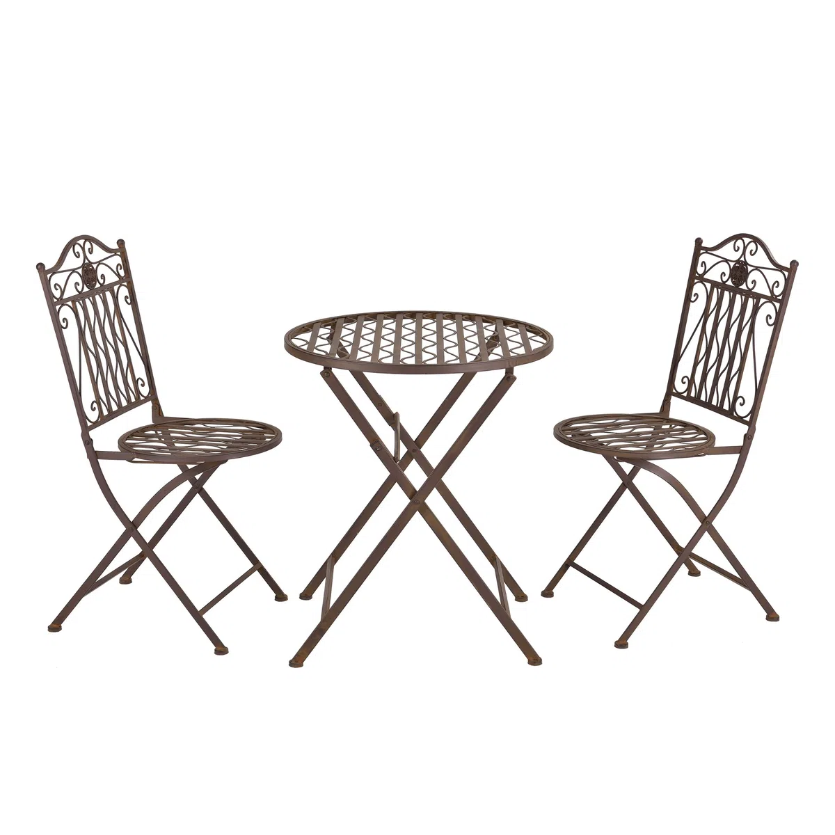 [en.casa] Bistroset Biella Balkonset 3-TLG. Bistrotisch mit 2 Stühlen Essgruppe Sitzgruppe Metall Gartenmöbel Set Balkonmöbel Gartenset klappbar Gartengarnitur Edelrost-Braun
