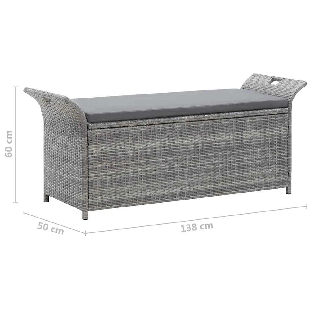 vidaXL Truhenbank mit Auflage Gartenbank Gartentruhe Kissentruhe Kissenbox Sitzbank Rattanbank Bank Box Auflagenbox Grau 138cm Poly Rattan