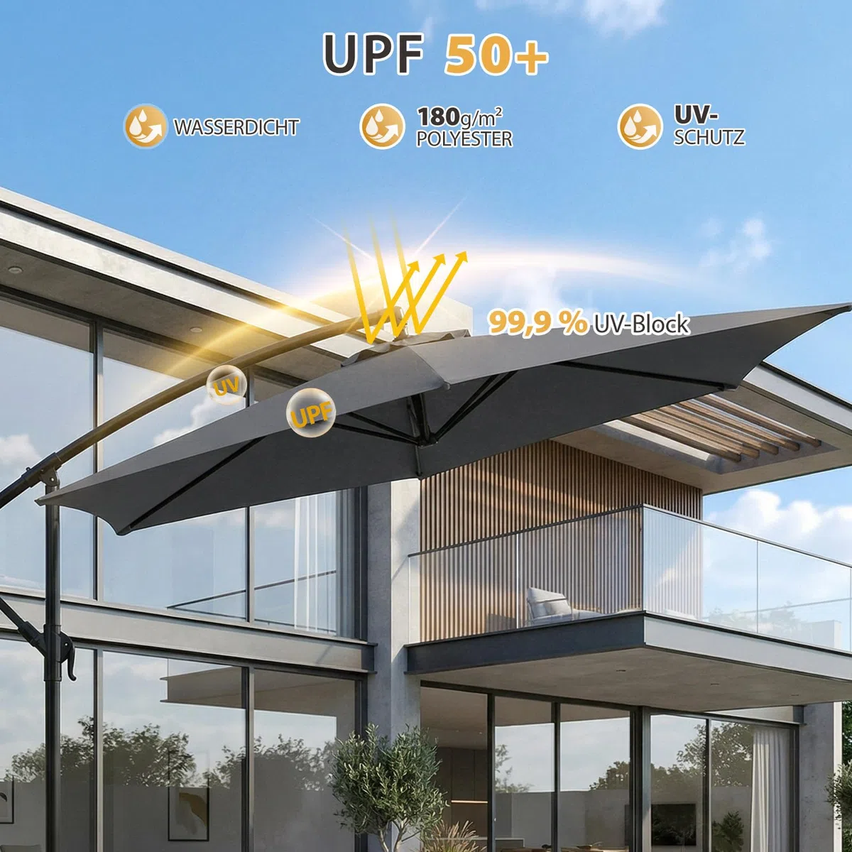 Sekey Ampelschirm 300 cm mit neigbarem Schirmdach, Sonnenschirm mit 48mm Alu-Mast & 6x Stahlstreben，Garten Terrassen Schirm rund knickbar, inkl. Zusatzgurt gegen Wackeln
