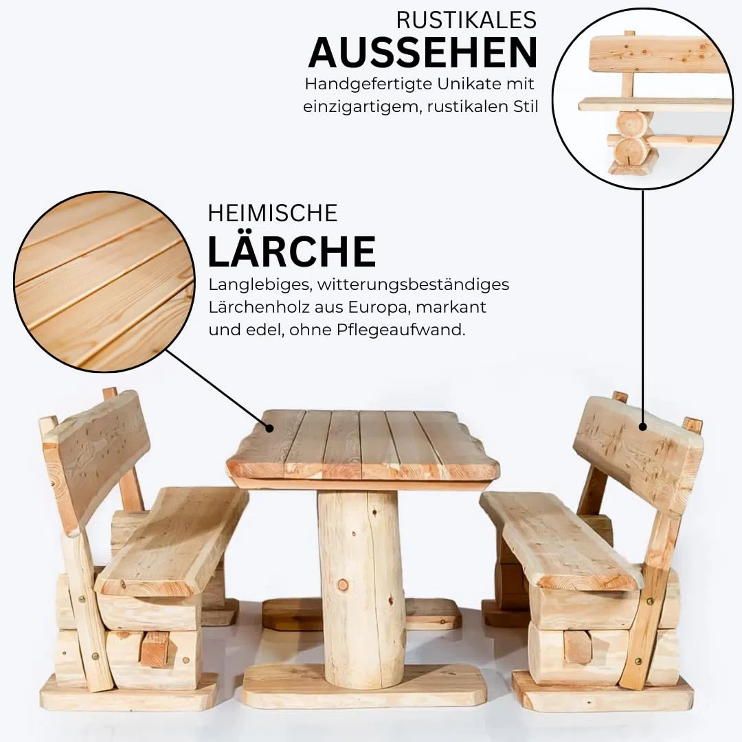 Mega Holz Gartengarnitur Lärche Rustikal 200 cm - Aus heimischer Lärche, naturbelassen - Garten Lounge Set aus massivem Holz 3-teilig - Gartenmöbel für Terrasse, Garten & Balkon, fertig montiert