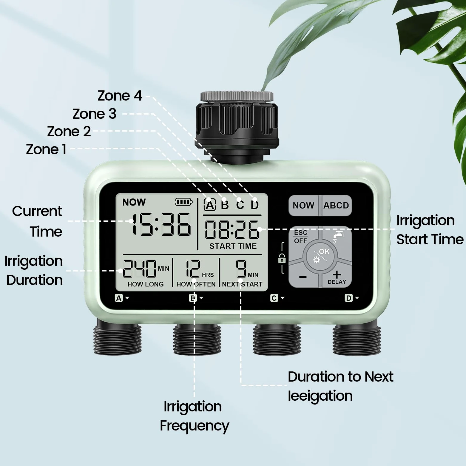 Johgee Bewässerungscomputer 4 Ausgängen mit, Digitaler Bewässerungsuhr mit Regenverzögerung, Automatische/Manuell Bewässerungssteuerung Wasserzeitschaltuhr für Garten Rasen