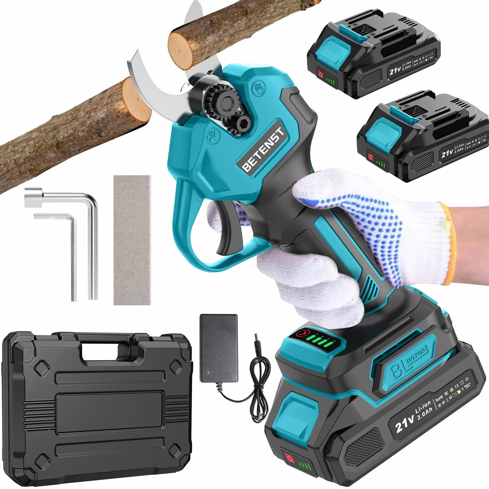 Akku Astschere Bürstenloser, BETENST Elektrische Gartenschere 21V mit 2 Akku 2.0Ah, LCD Anzeige, SK5 Klinge, Schleifstein, Elektrische Baumschere Tragbares Gartenwerkzeug für Garten Äste Obstgärten