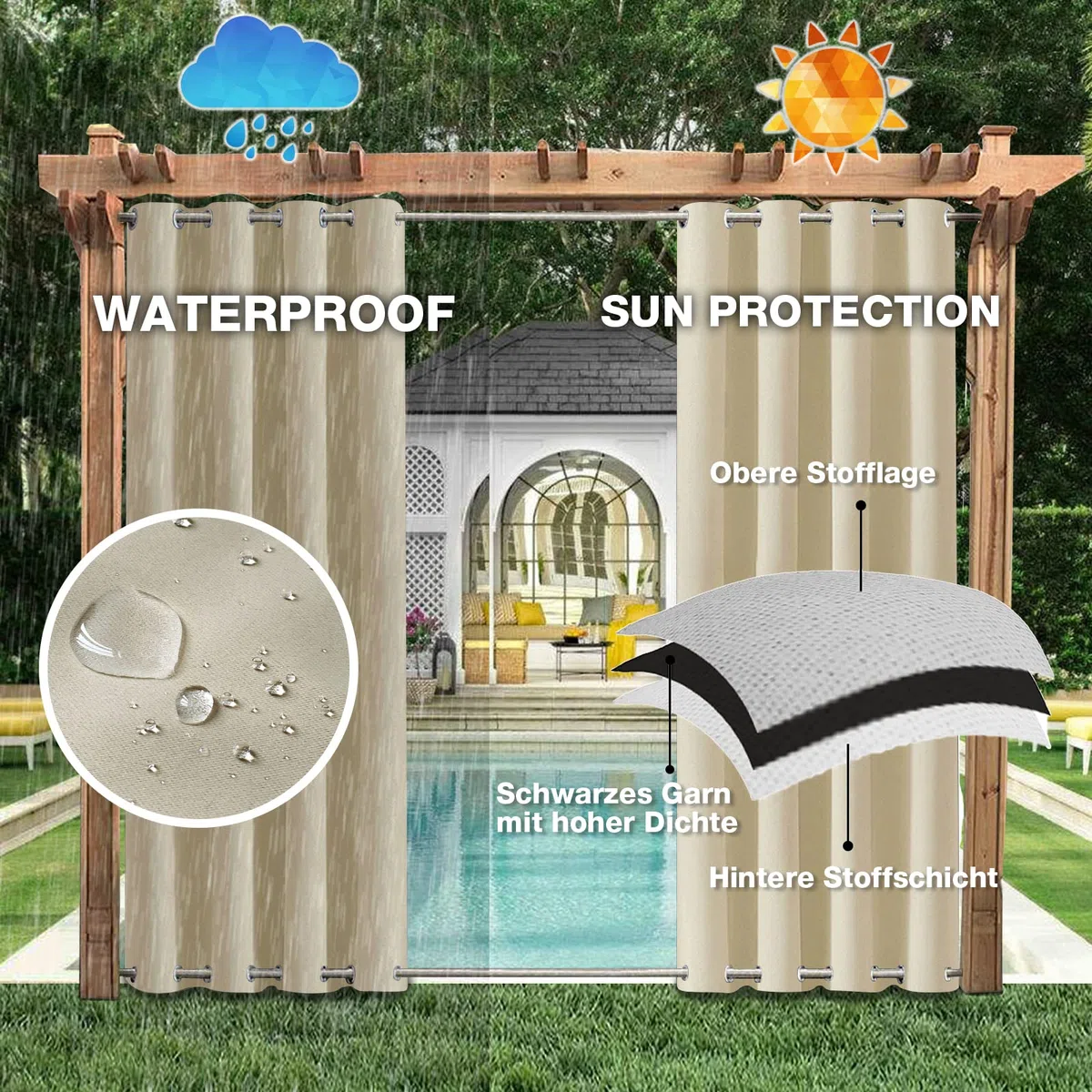 Aiyaoo Outdoor Vorhang Breit 295x215cm BxH (1 Stück), UV Schutz Wasserabweisend Blickdicht für Pavilion Balkon Garten Patio- Beige