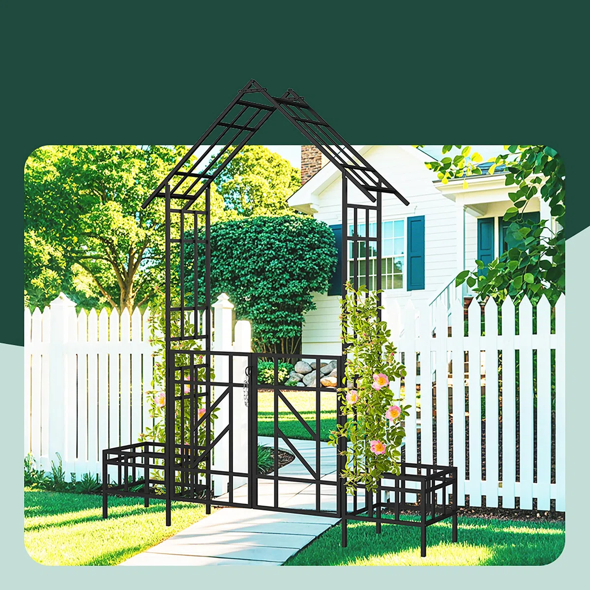 Relaxdays Rosenbogen mit Tor, 2 Pflanzeinfassungen, Vorgarten & Garten, Torbogen HBT: 247 x 204 x 43 cm, Metall, schwarz