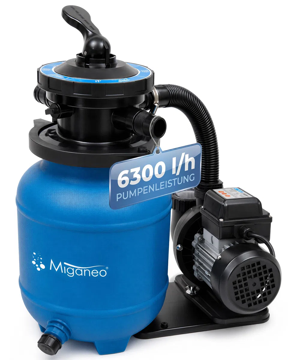 Miganeo Sandfilteranlage Speed Clean Dynamic 7000 Blau | Filteranlage für Pools bis 19.000 Liter | Poolpumpe mit 6.300 l/h Pumpenleistung und 4.500 l/h Filterleistung | stromsparende 250 Watt