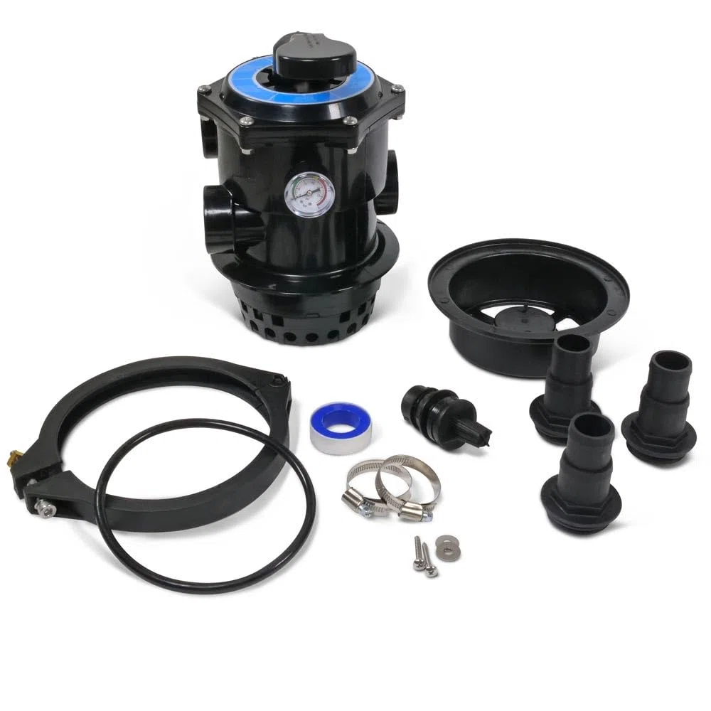 OKU 6-Wege Top-Mount-Ventil Komplett-Set - Ø 177 mm - Inkl. Manometer Spannring O-Ring Schlauchtüllen 32/38 mm Winterablassventil & Sandeinfüllhilfe - Passend für Filterkessel Ø 300/400/500 mm