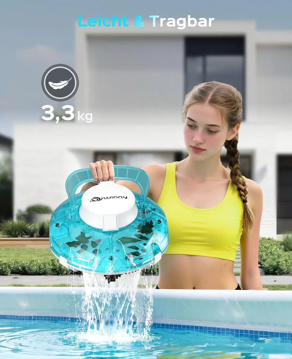 WINNY POOL CLEANER Winny 200 Poolroboter, Poolsauger kabellos mit Akku, 75 Min. Laufzeit, für Aufstellpools bis 60 m², Doppelfiltration, Automatisches Parken, Kompakt Leicht (Transparentes Blau-Weiß)