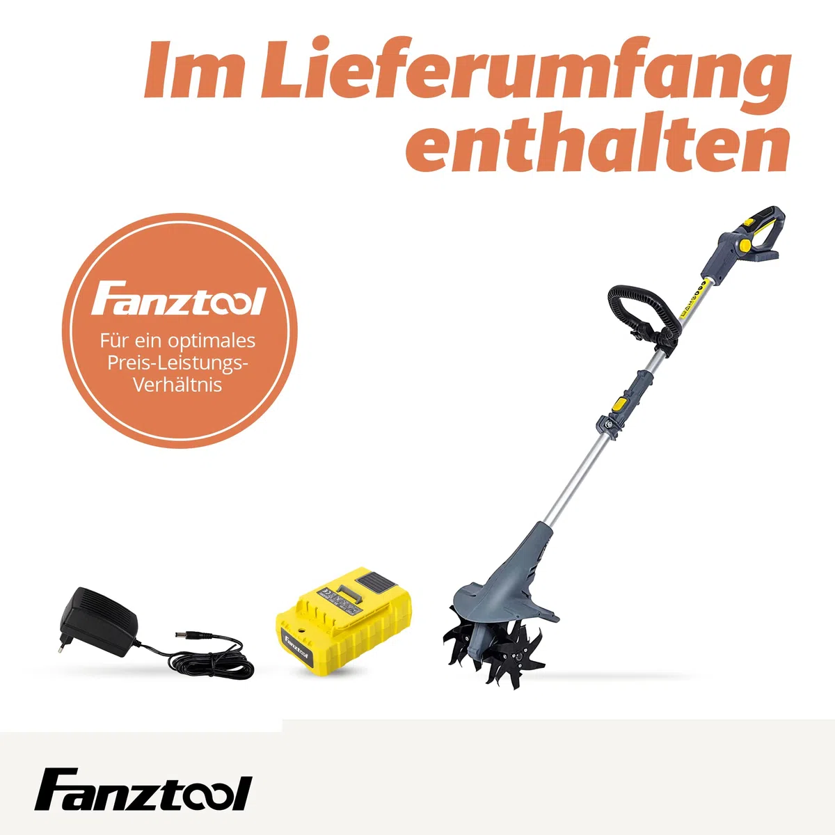FANZTOOL AK0019 mini Motorhacke Akku 20V inkl. 2.5Ah Akku & Ladegerät, Gartenfräse mit 20cm Arbeitsbreite,15 cm Arbeitstiefe Bodenhacke für klein Beet & Garten