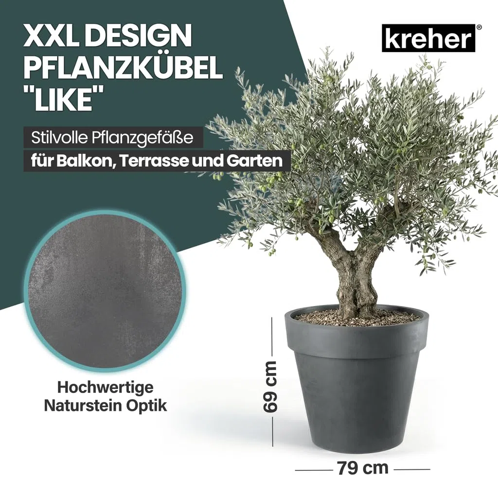 Kreher XXL Pflanztopf/Pflanzkübel rund mit 79 cm / 58 cm Durchmesser, ausstattet mit Rollen! Der Eye-Catcher für Garten, Terrasse, Restaurants & Gewerbe! (Anthrazit, XXL-Ø79cm)
