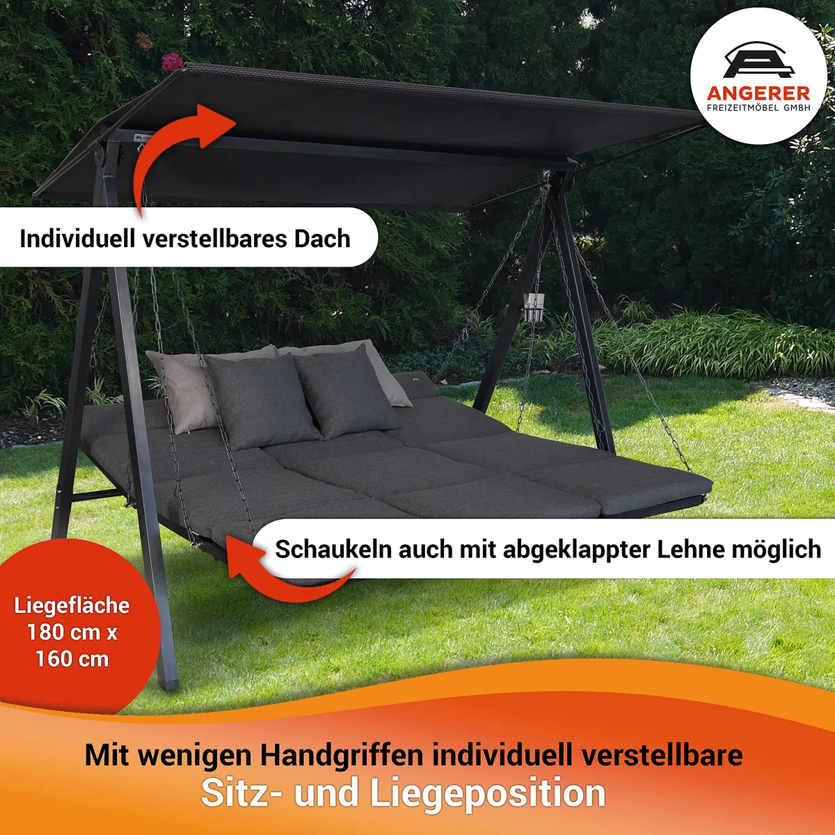 ANGERER Hollywoodschaukel Lounge Smart grau | Gartenschaukel Made in Germany, Schaukel zum Sitzen, Liegen und Entspannen, inklusive Bett-Funktion, einfache Montage
