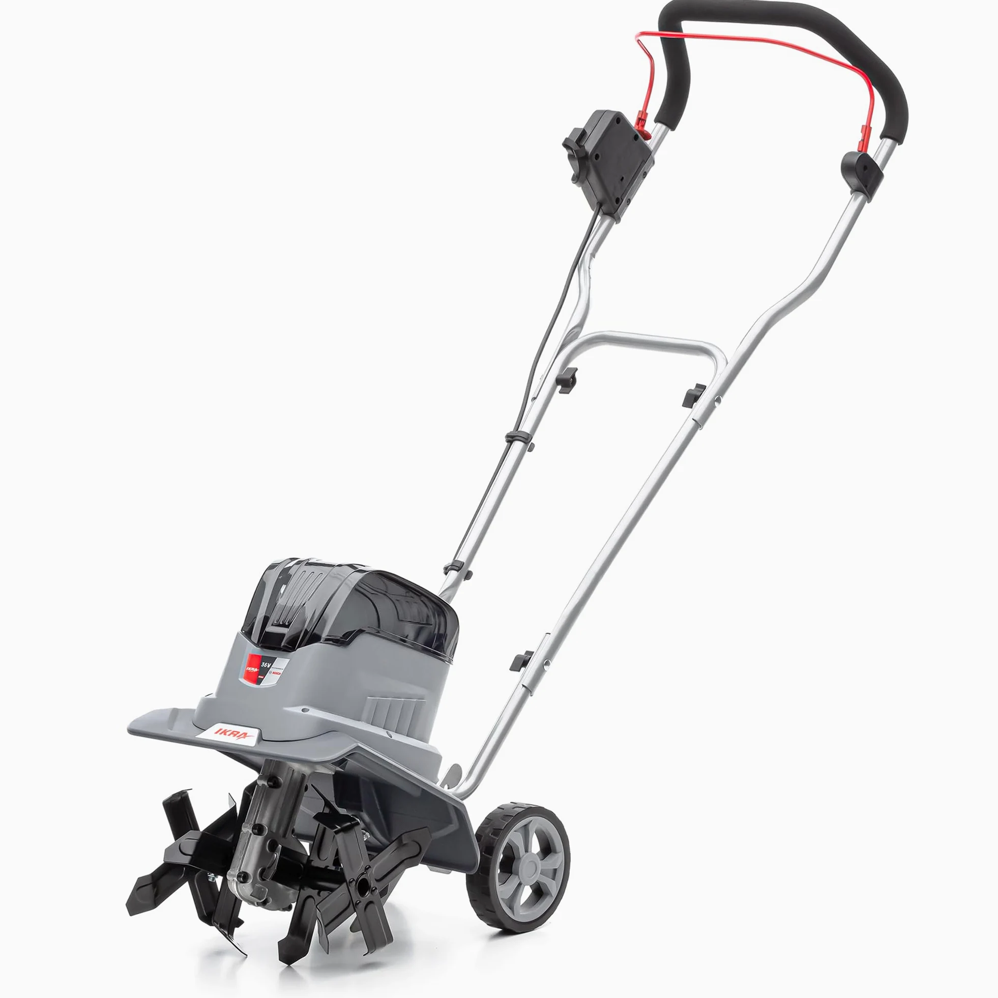 IKRA Bodenhacke Motorhacke IB-TC 36, ohne 36V Akku & Ladegerät | Kompatibel mit Bosch, bürstenloser Motor, 2 Arbeitsbreiten 18-30 cm, Arbeitstiefe bis 20cm, inkl. Bremssporn & Transporträder