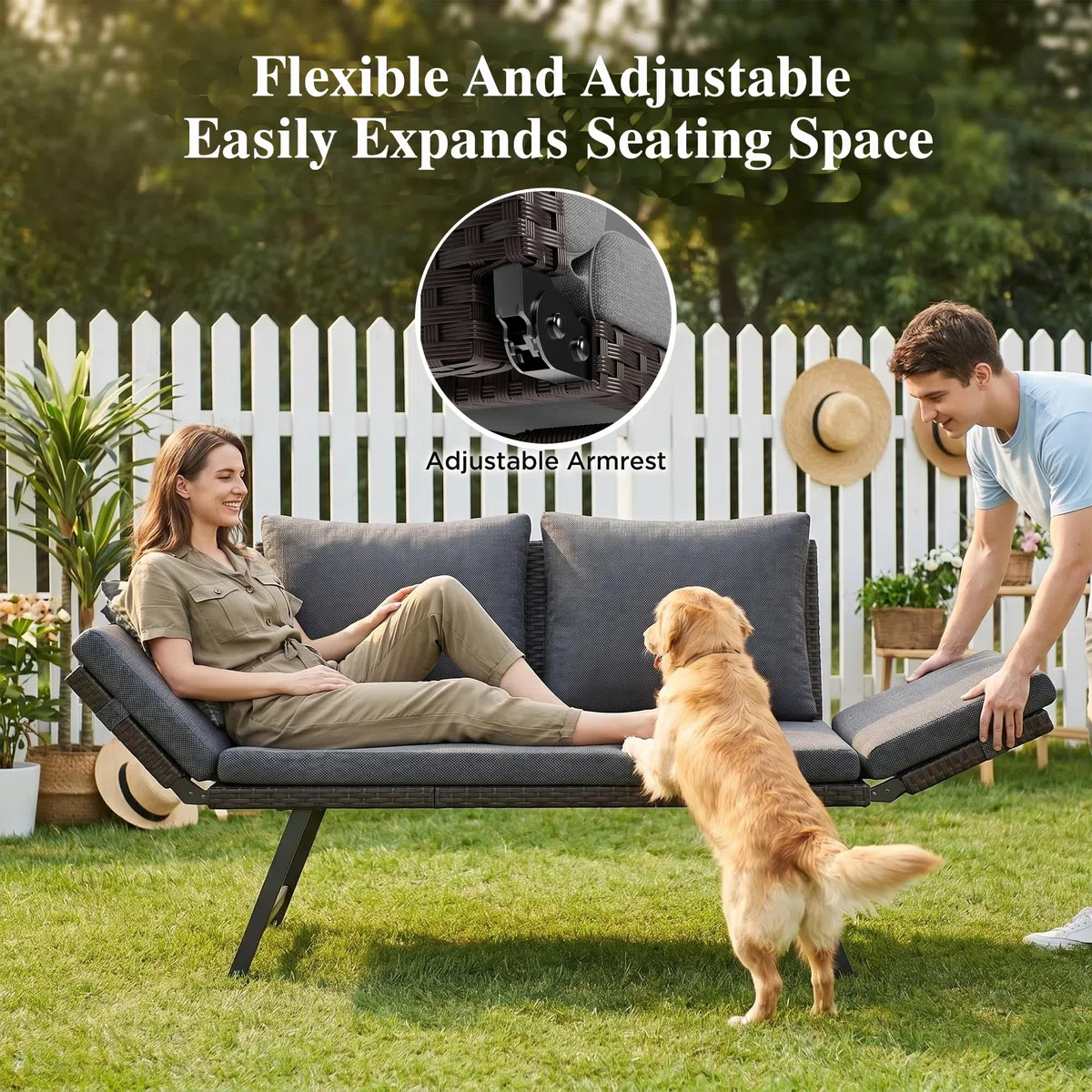 Fiutazge Polyrattan Loungesofa 2 Personen Kissen,Outdoor Daybed Gartenliege mit Verstellbare Armlehnen,Sitzbank mit Schlaffunktion,Gartenbett Balkonmöbel Set für Garten Terrasse-Grau