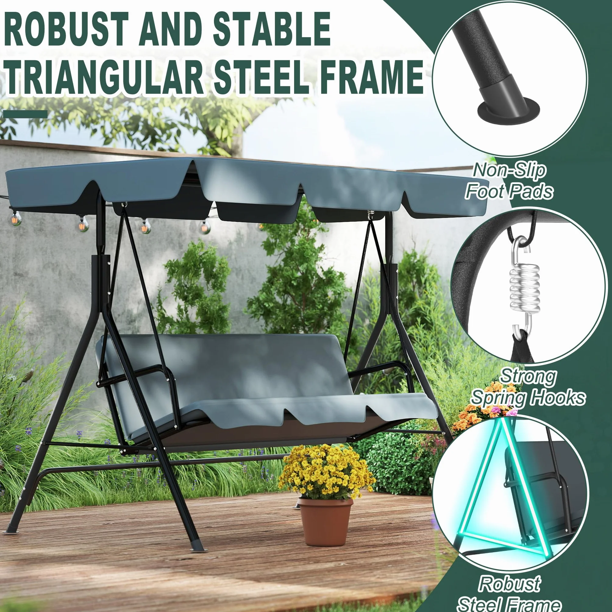 SUBTLETY Hollywoodschaukel 3 Sitzer für Familien, 193x110x152cm Gartenschaukel mit Verstellbarem Sonnendach & Liegefunktion, Pulverbeschichteter Stahlbank für Garten & Terrasse (Anthrazit)