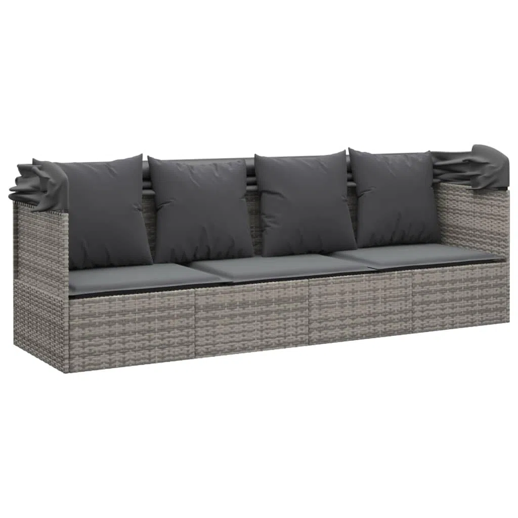 IKAYAA Gartensofa mit Liegefunktion Gartensofa mit Sonnendach Loungebett Outdoor Rattan Sofa 3 Sitzer BalkonSofa Gartenbett-Grau