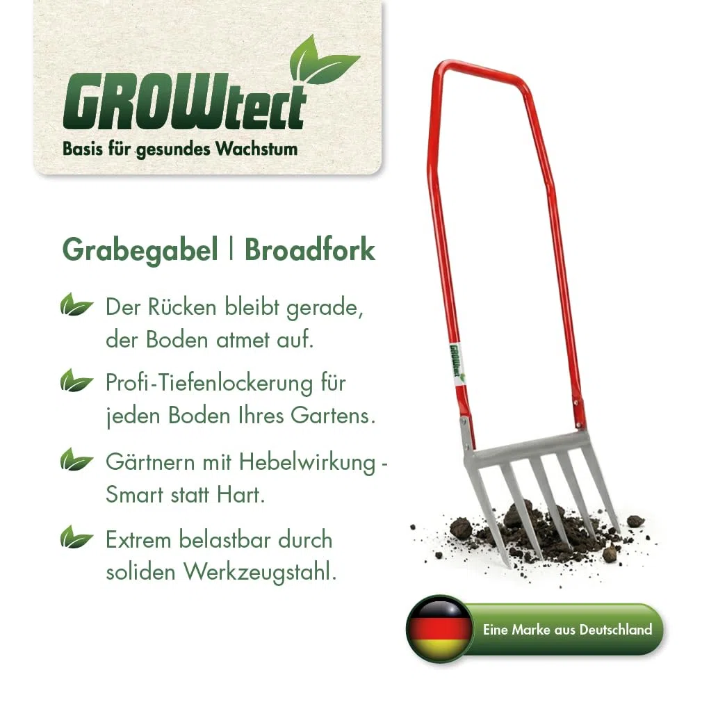 Broadfork | Doppelgrabegabel | Grelinette – Robuste Gartengabel mit 5 Zinken für effektive Tiefenlockerung und Bodenbelüftung | Rückenschonende Beetbearbeitung Dank optimaler Hebelwirkung