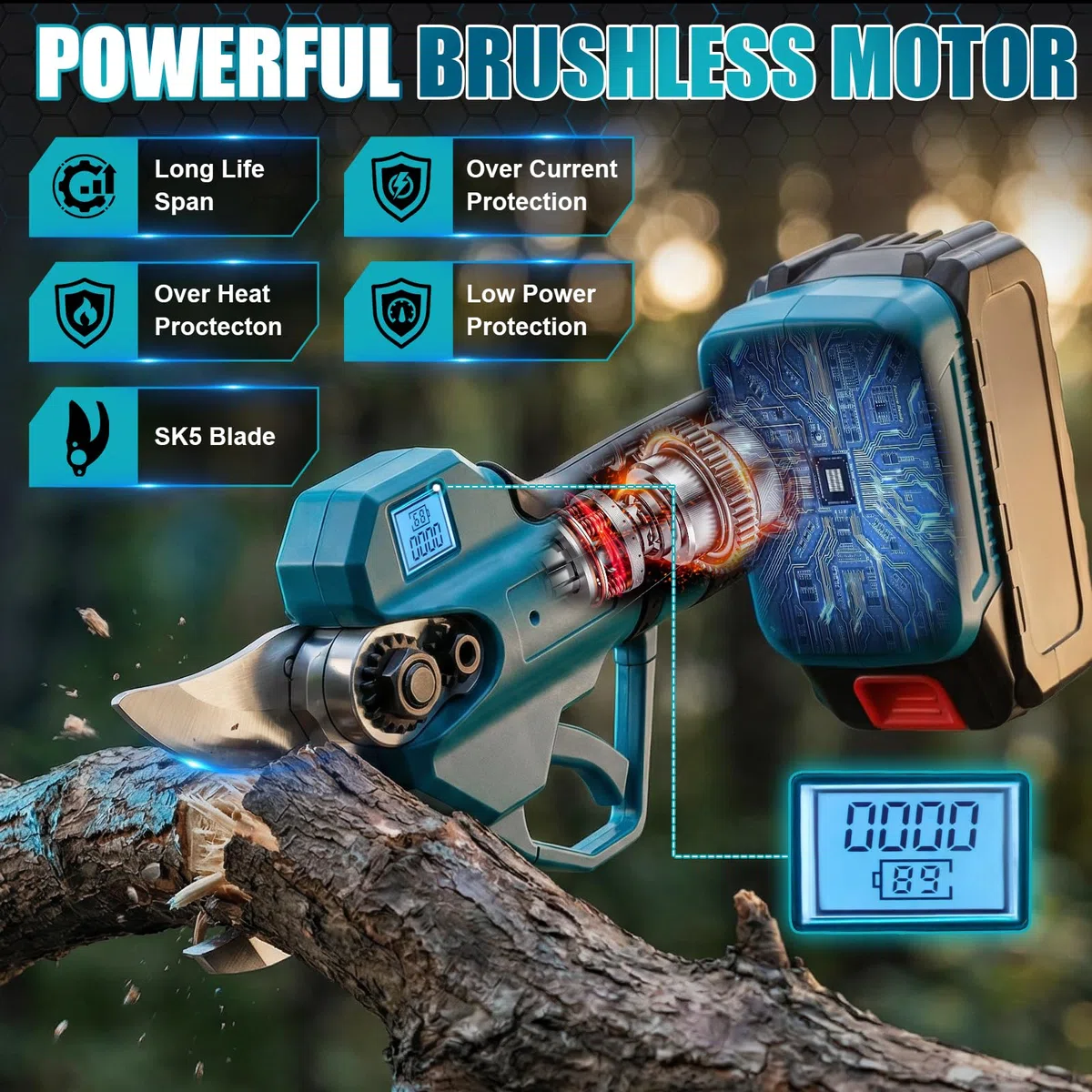 Akku Astschere 30 mm Elektrische Gartenschere, 1000 W Akku Astschere mit Bürstenlosem Motor, SK5 Carbonstahl Kling Elektrische Gartenschere mit LCD-Display, 2 * 2000 mAh Akkus, für den Garten