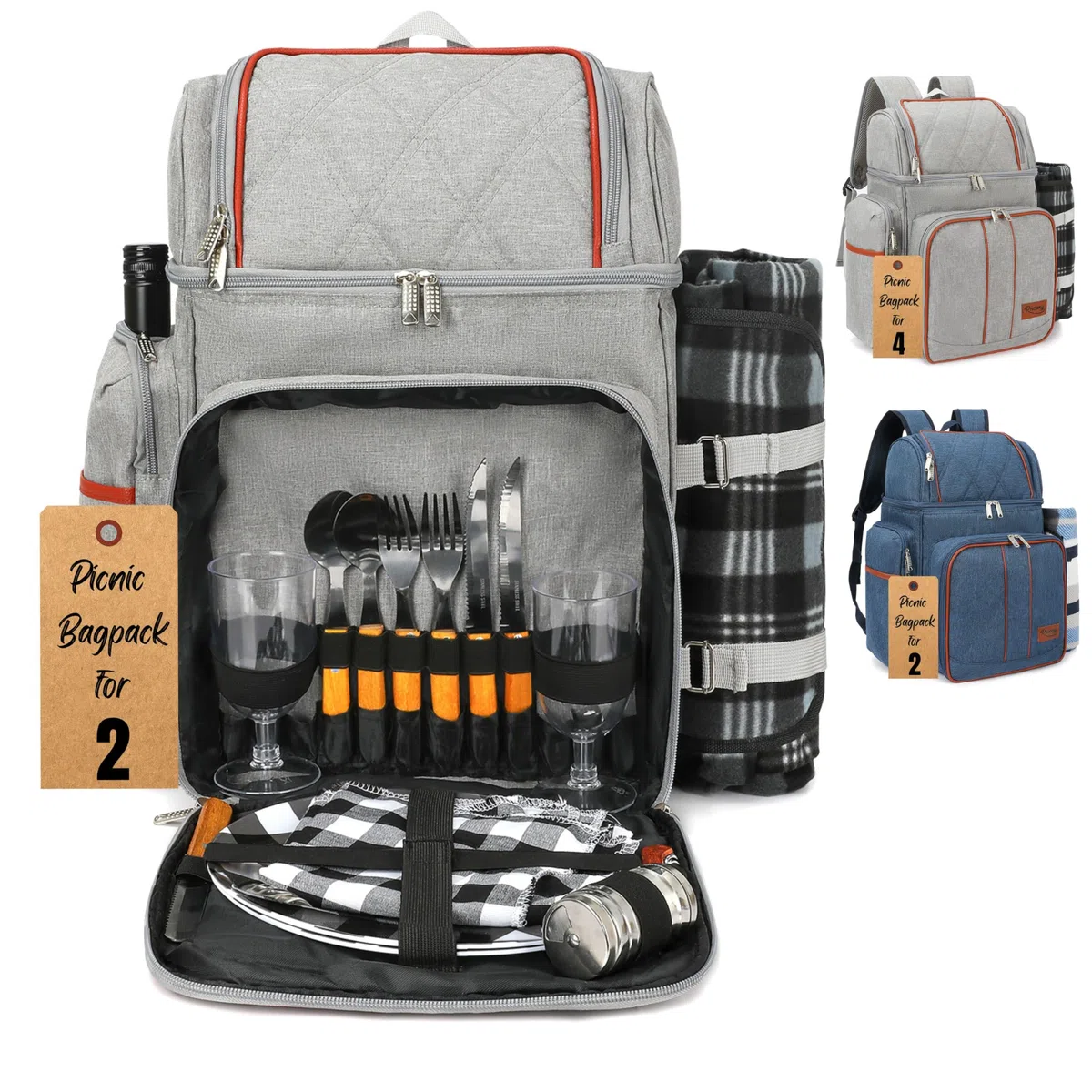 Rnoony Großer Picknickrucksack für 2, Picknickkorb für 2 mit isoliertem Kühler und Flaschentasche, Picknicktasche mit Leichter Decke und Besteckset für Familie, Paar und Wandern