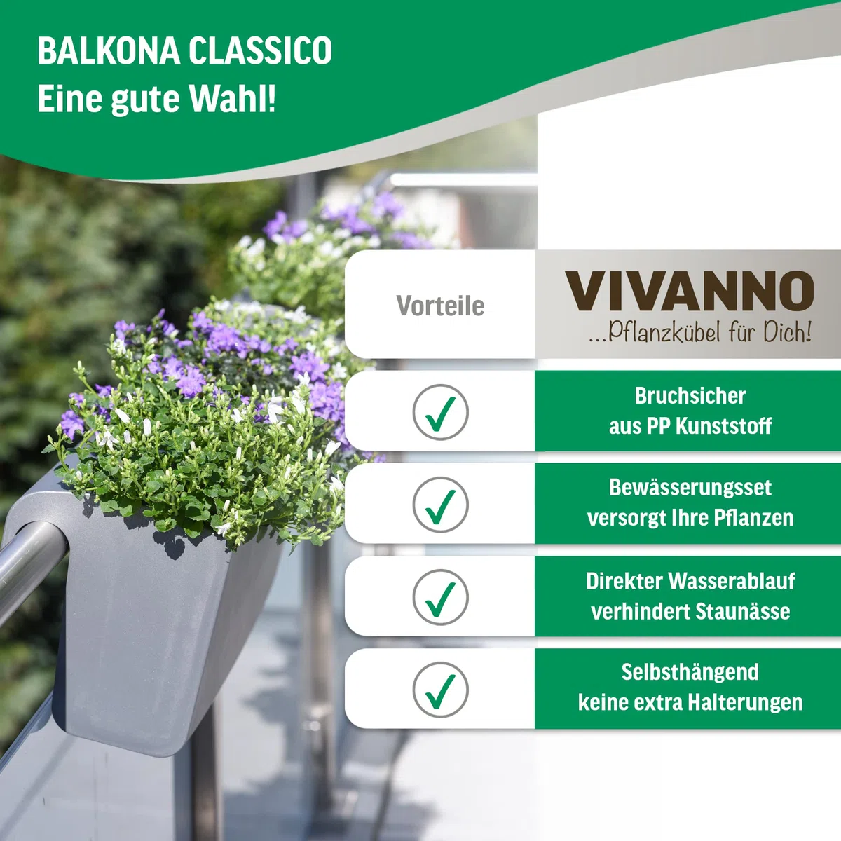 VIVANNO Balkonkasten 80 cm mit Halterung & Bewässerung BALKONA Classico | Pflanzkasten für Balkon-Geländer bis 50 mm Breite, frostsicherer Outdoor Blumenkasten aus Kunststoff mit Wasserspeicher